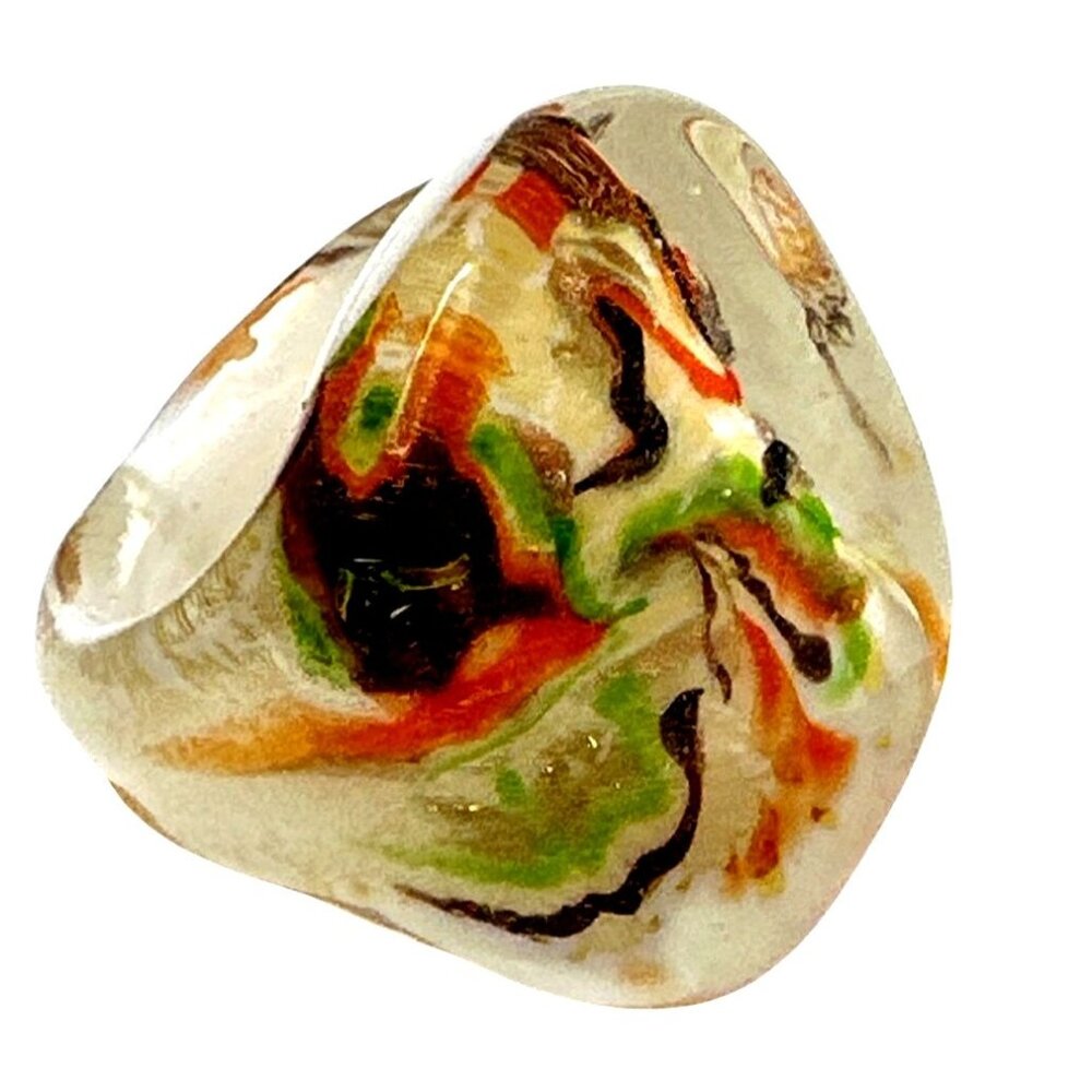 Mod Retro Vibe Handmade Glass Ring Size 9 Colorful Swirled Orange Green Brown
